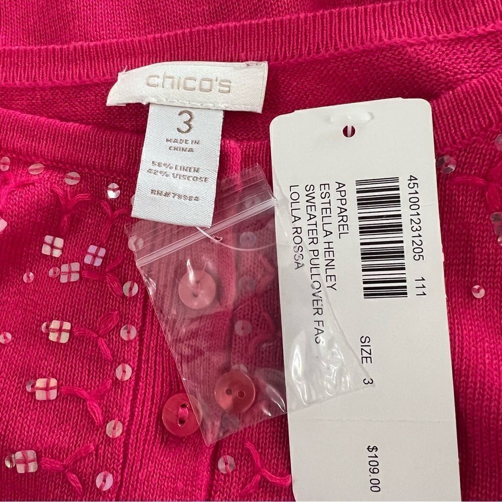 NWT Chico's Estella Henley Linen Embellished Pullover Hot Pink Sweater- … - Picture 10 of 12